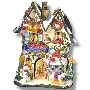 Vintage Ceramic Christmas Dazzle "The Workshop" House/Tea Light/24K Gold Accents